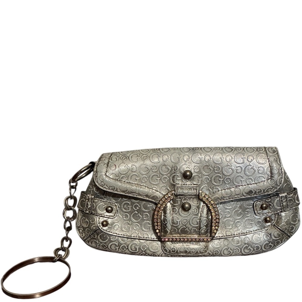 Vintage Y2K Guess Wristlet Clutch Bling Monigram Logo Silver Cuff
